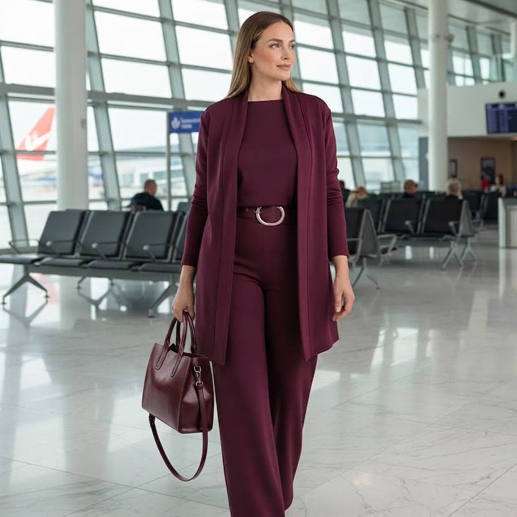Conjunto elegante de 3 piezas: cárdigan largo + top + pantalón