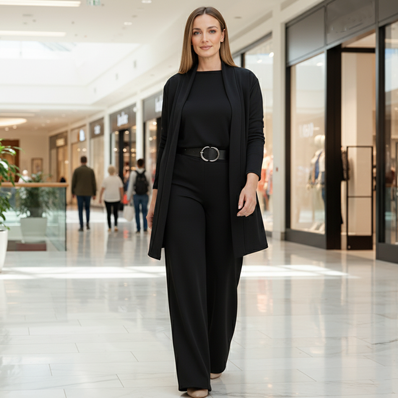 Conjunto elegante de 3 piezas: cárdigan largo + top + pantalón