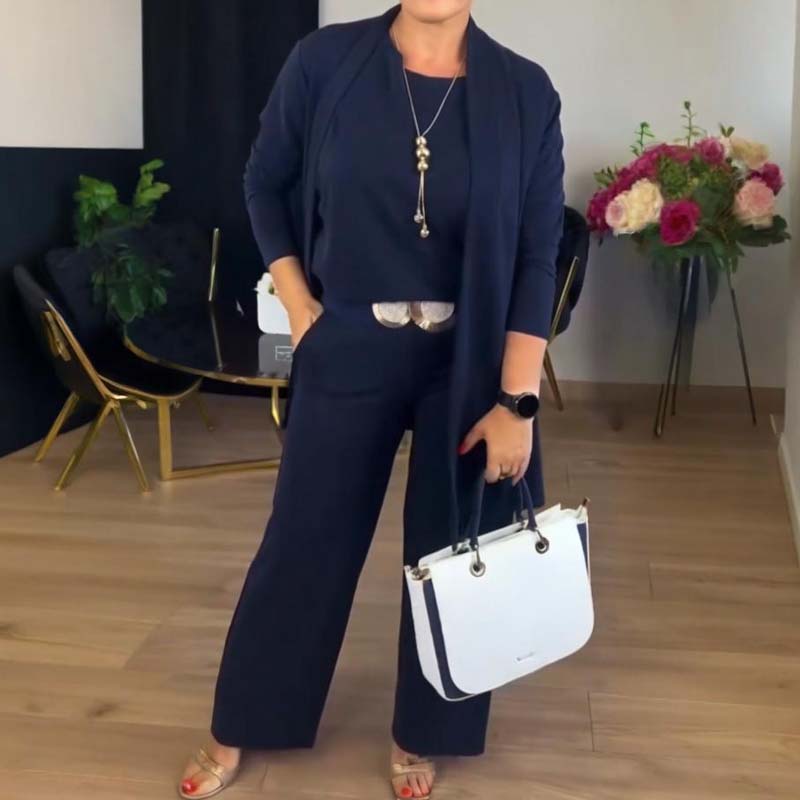 Conjunto elegante de 3 piezas: cárdigan largo + top + pantalón