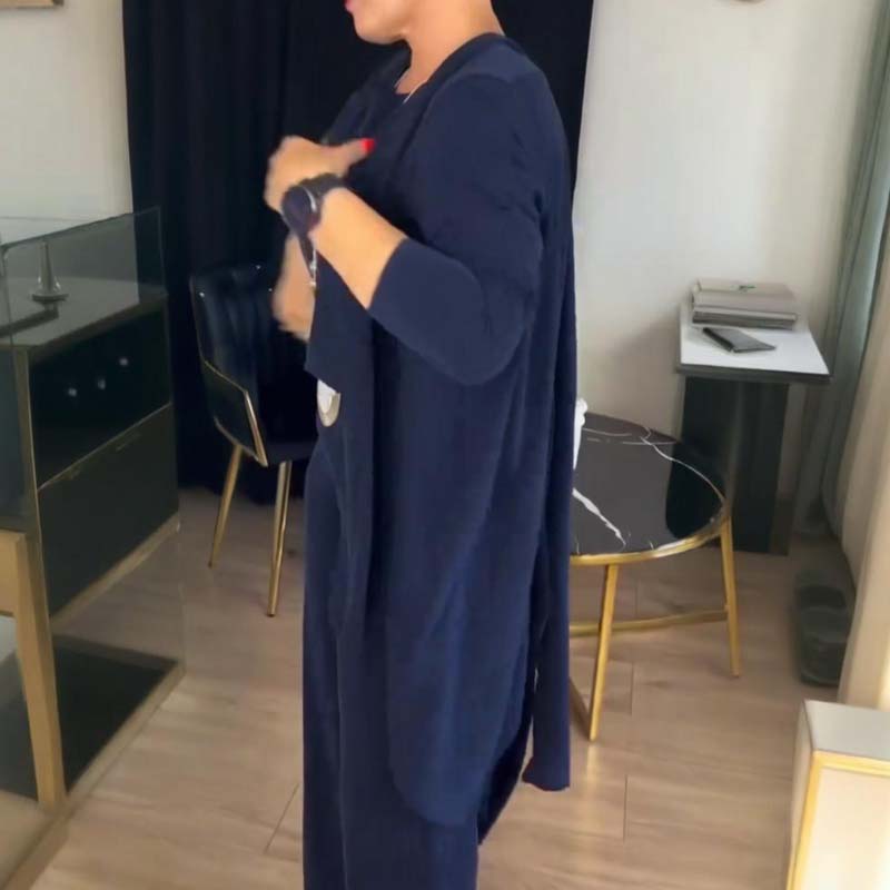 Conjunto elegante de 3 piezas: cárdigan largo + top + pantalón